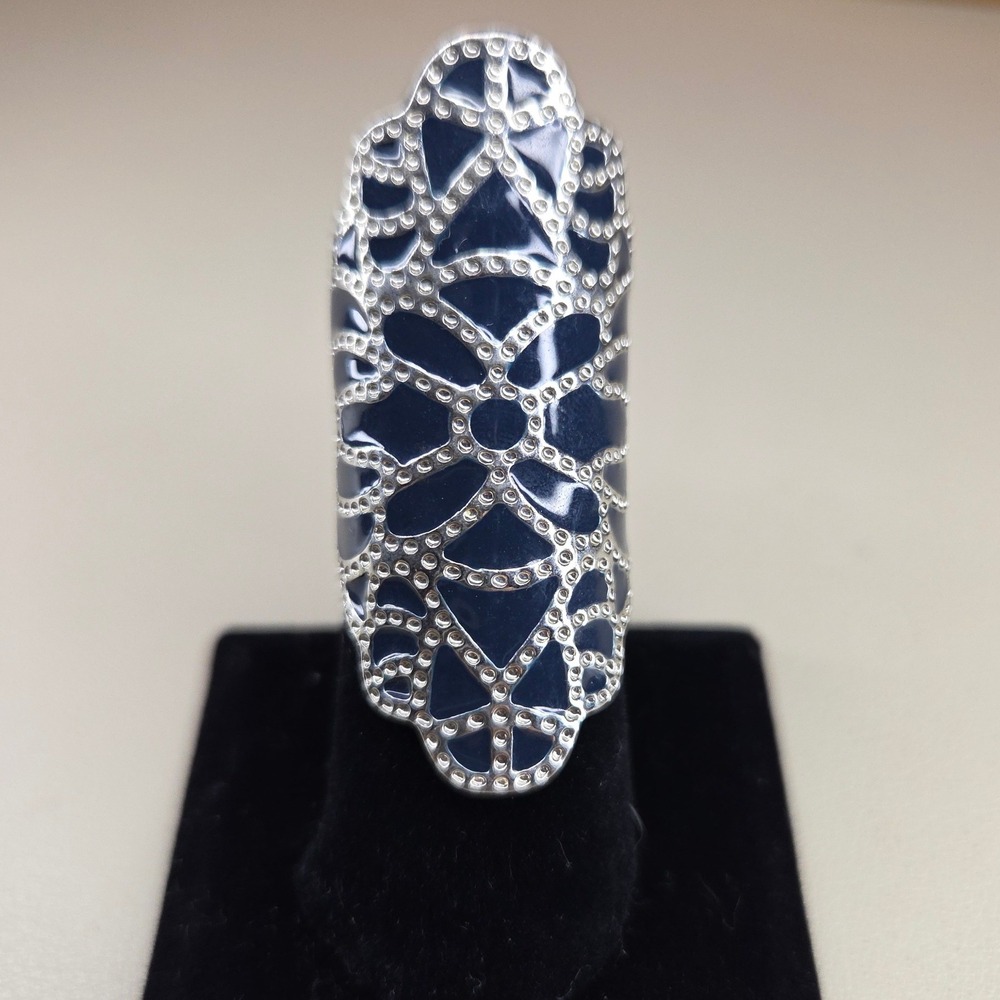 Navy Blue Enamel Silver Tone Filigree Armor Shield Statement Ring Size 7.5